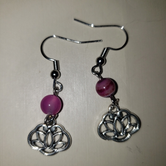 Silver and Pink Lotus Earrings - Picture 1 of 2